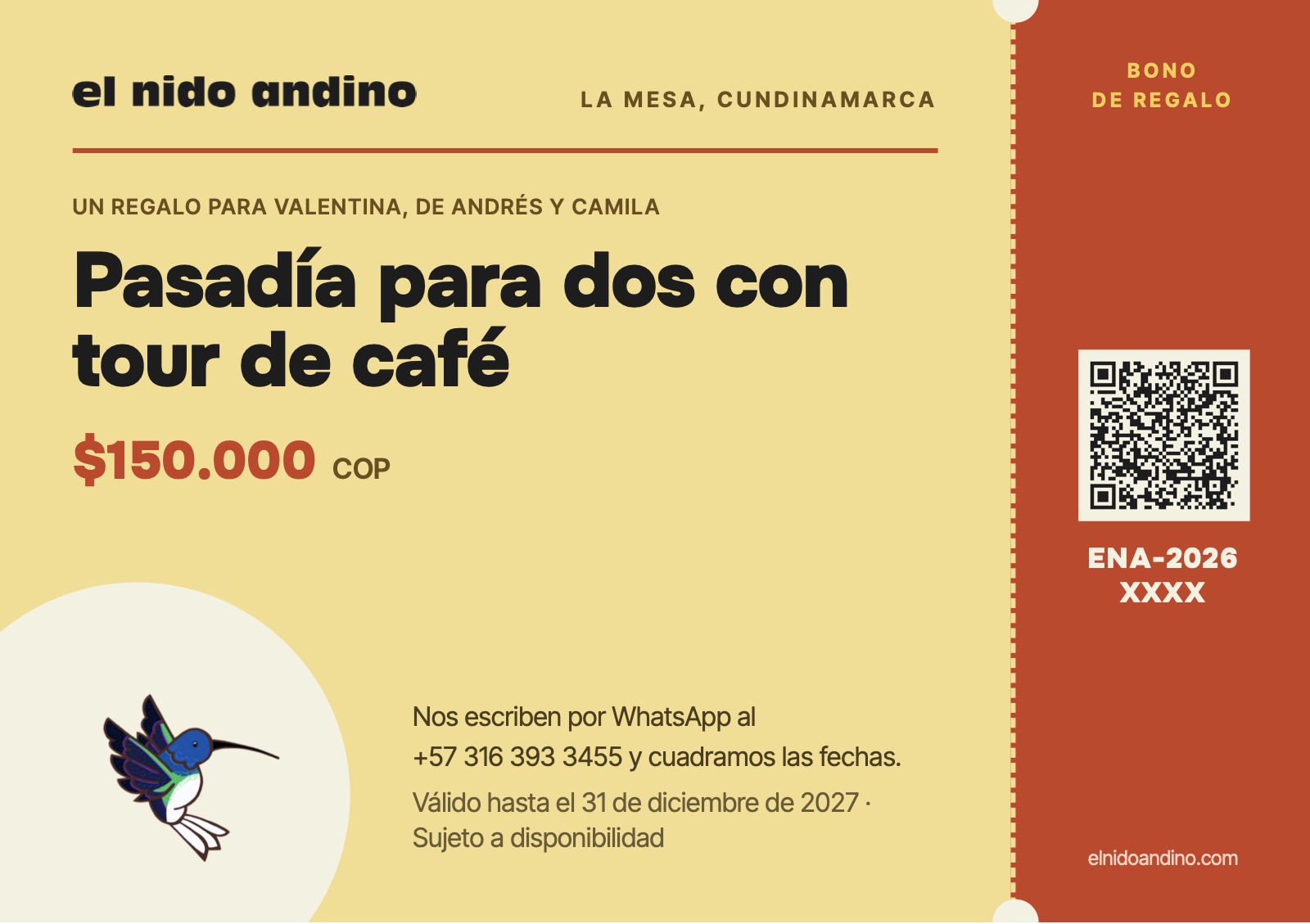 Bono de regalo de El Nido Andino con el código, el valor y el QR de WhatsApp