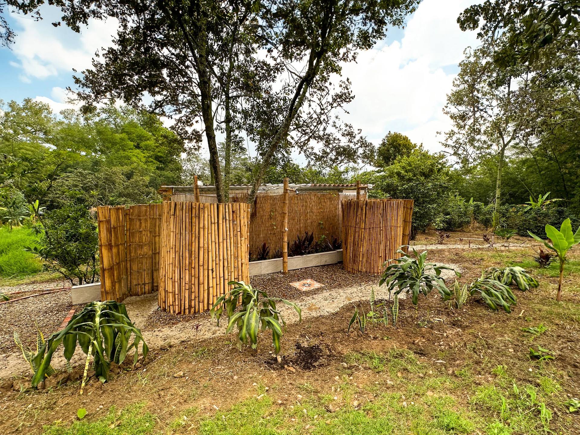 Un jardín con plantas verdes y un cercado de madera rústico alrededor de un árbol.